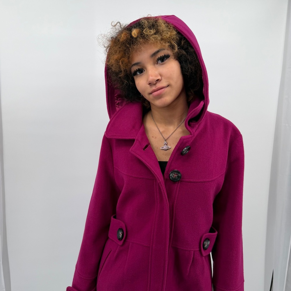 Live a Little Magenta Wool‎ Blend Hooded Pea Coat Jacket Pink 5031BW Large